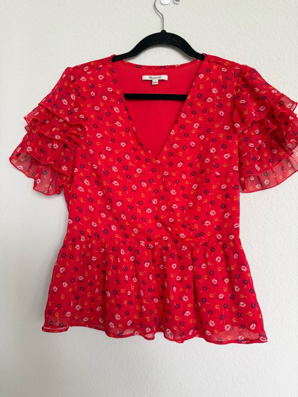 Madewell Tiered-Sleeve Red Floral Peplum Top